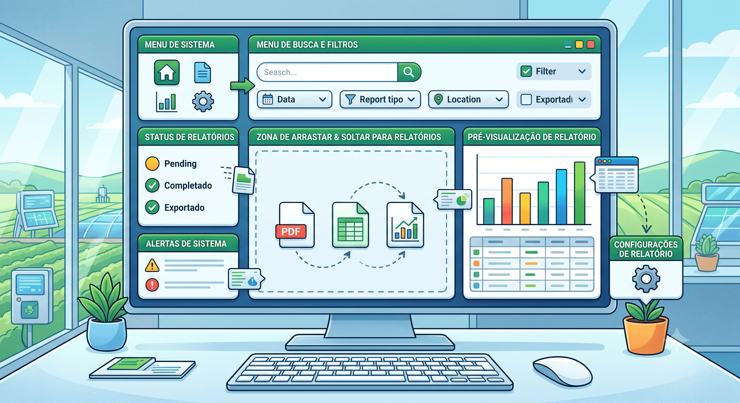 Tela de sistema com relatórios, status de processamento e alertas