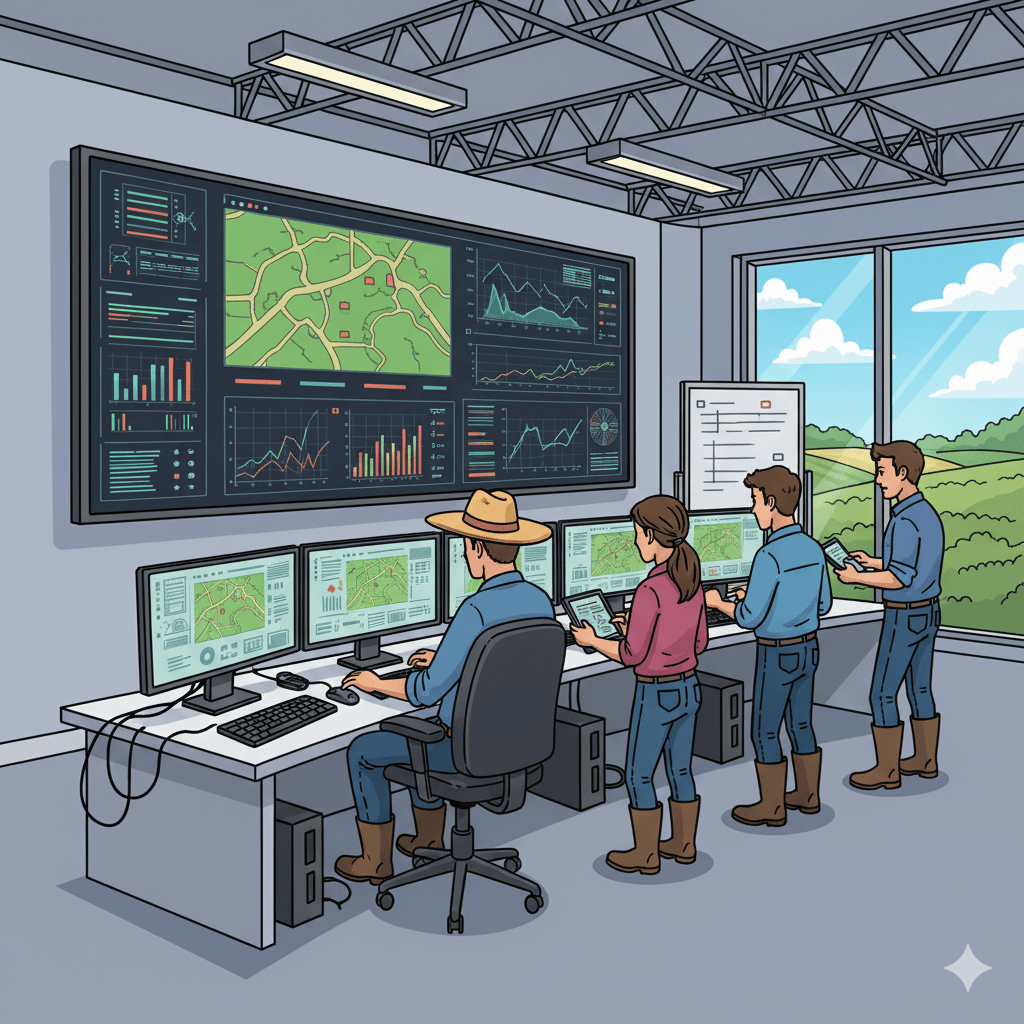 Sala de controle com painéis de KPI e dashboards da operação agrícola